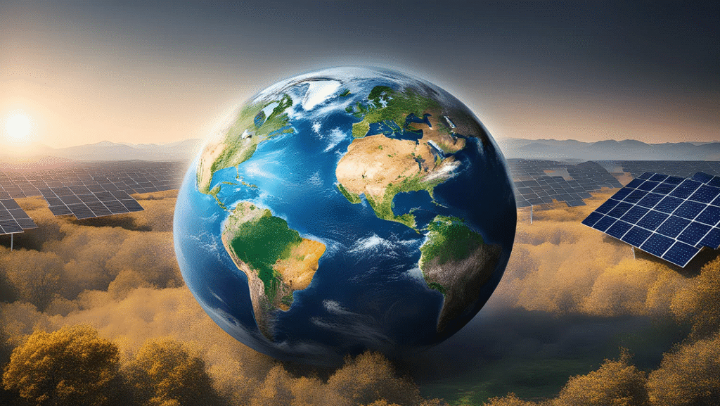 solar panel with sun rays and earth