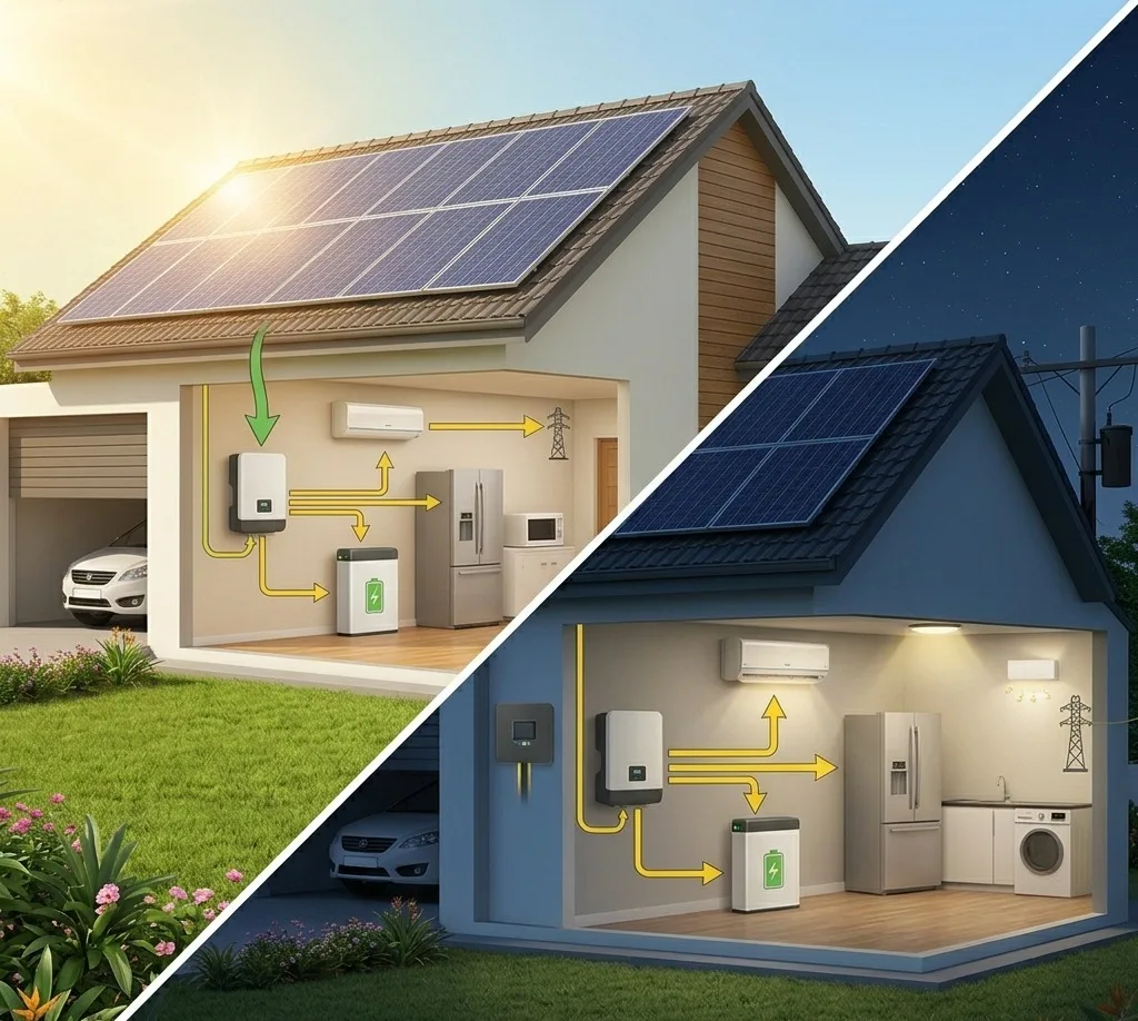 how hybrid solar system works with battery backup and grid connection for homes