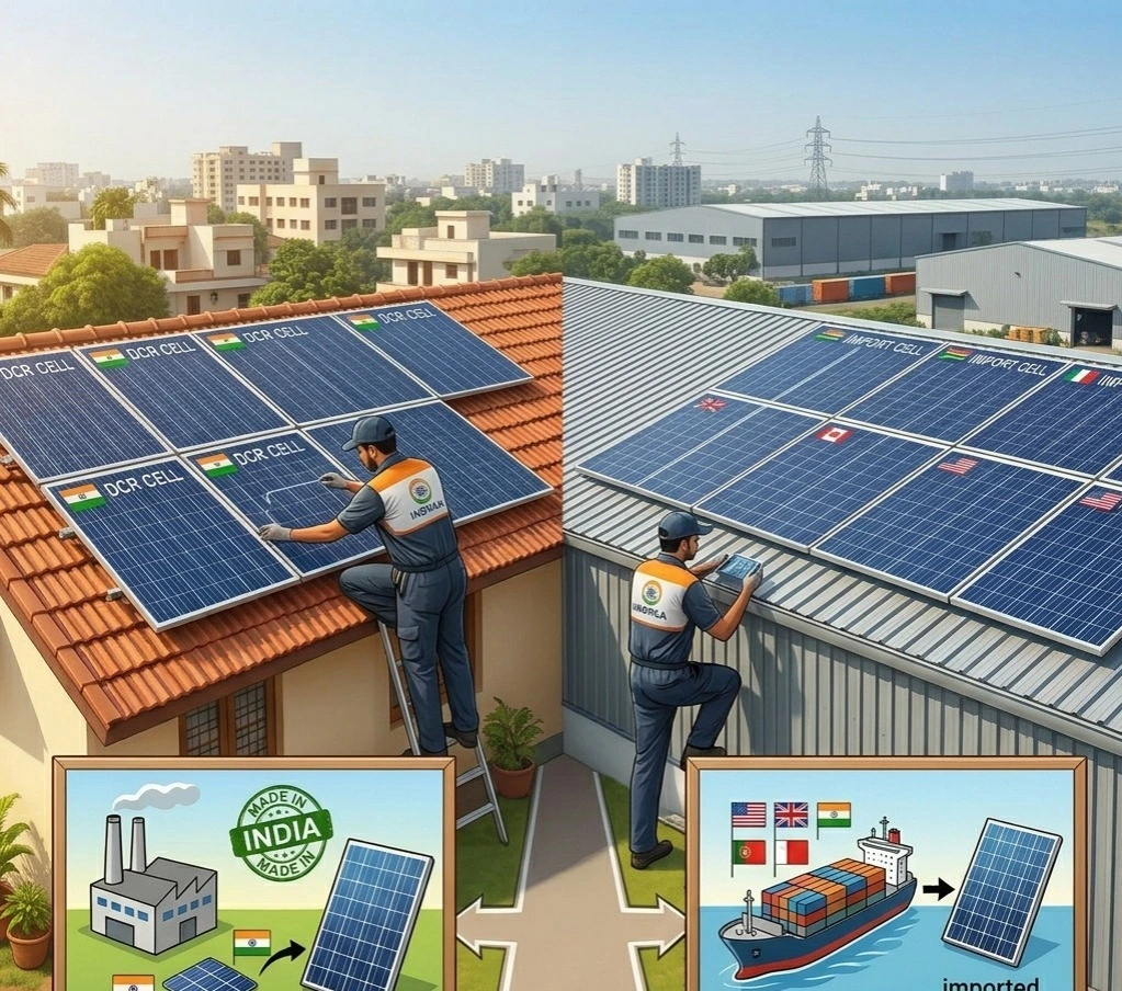 DCR vs Non DCR solar panels comparison showing Indian-made DCR solar modules and imported Non DCR solar panels for residential and commercial rooftop installations