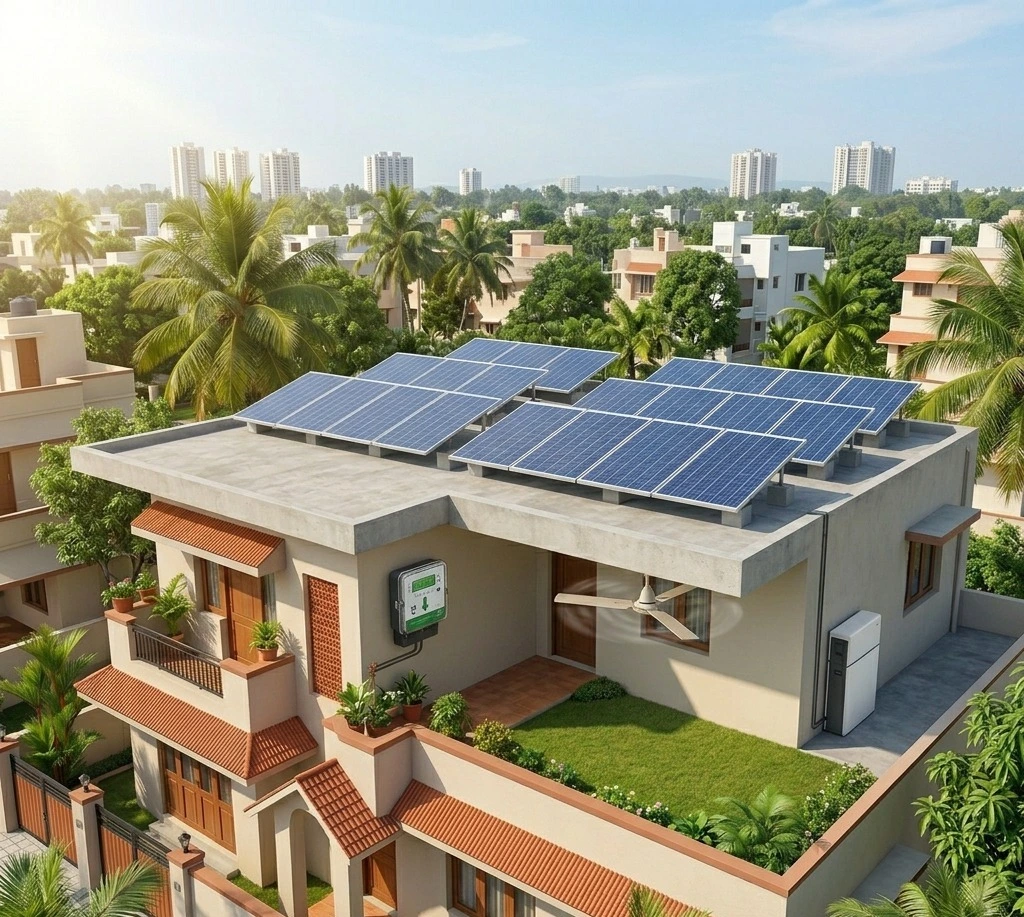 A contemporary Indian house features an extensive rooftop solar panel system in Chennai.
