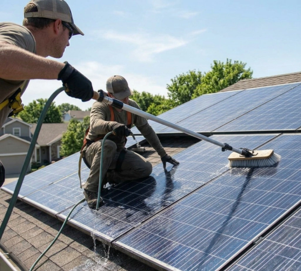 Washing solar panels on a residential rooftop using a soft brush and water for efficient solar panel cleaning and maintenance